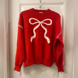 Main Strip Small Vibrant Red Sweater with White Bow Detail
